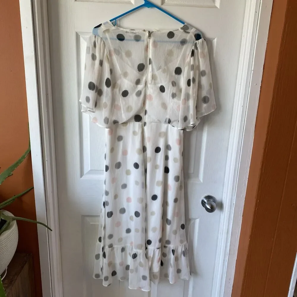 Calvin Klein Womens Chiffon Flutter Shift Dress Ivory Multi size 10 Polka Dot